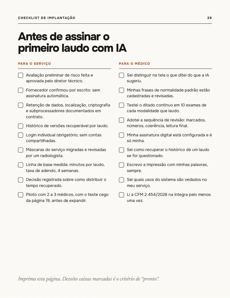 Página 39 do e-book: checklist de implantação antes de assinar o primeiro laudo com IA