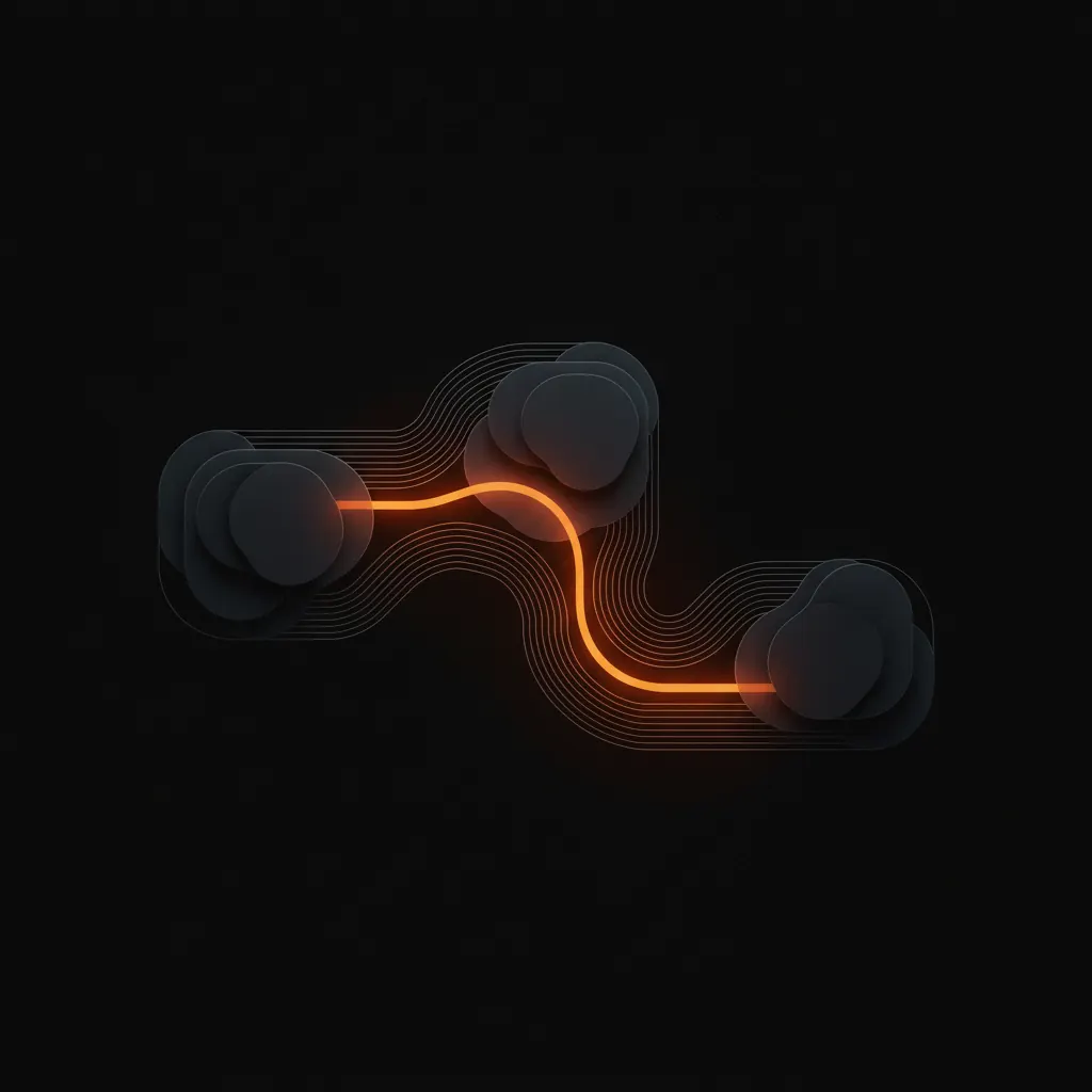 Network of lines connecting three systems with one path traced