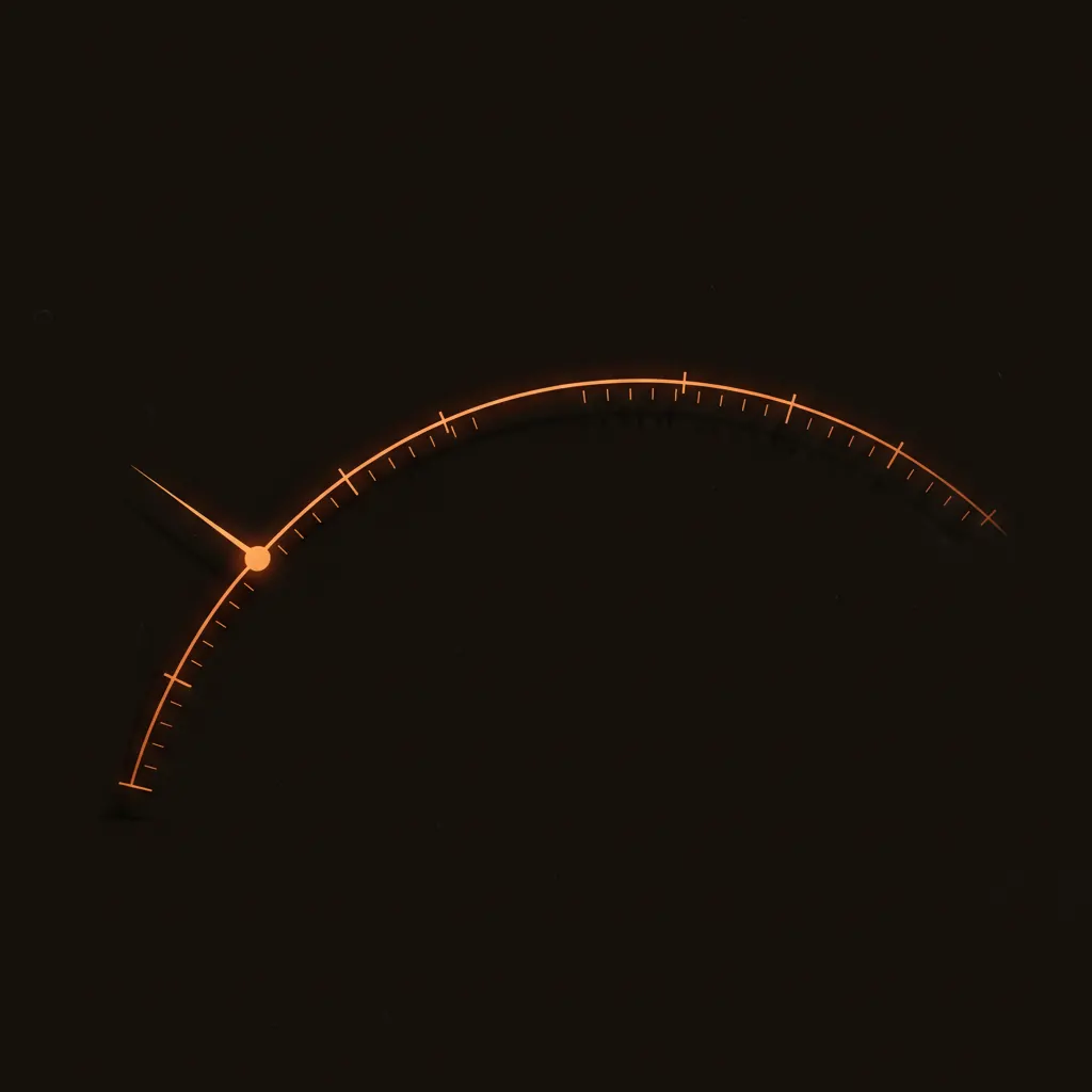Stopwatch arc with fine tick marks and a hand at the start of its sweep