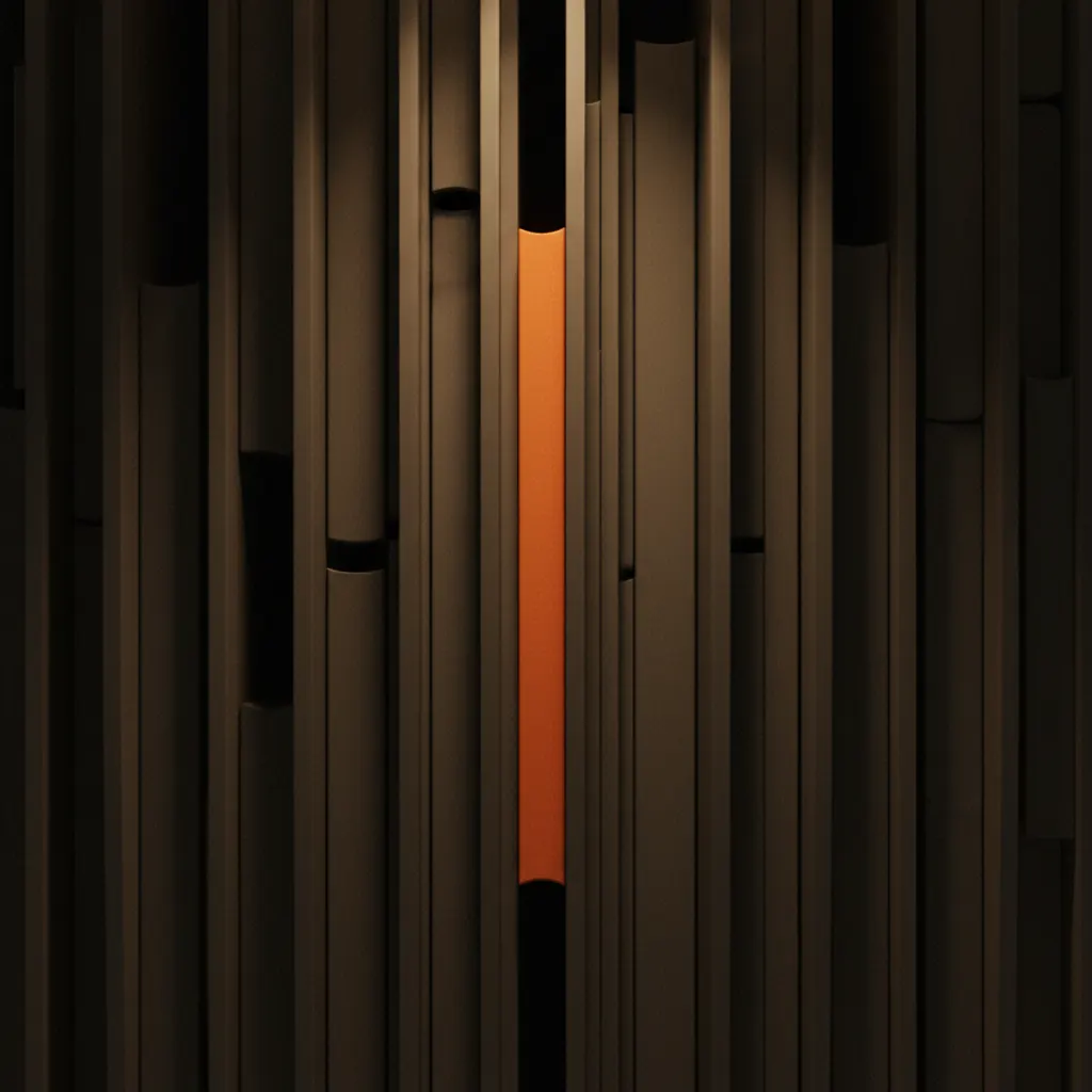 Abstract library of thin spines with one highlighted spine