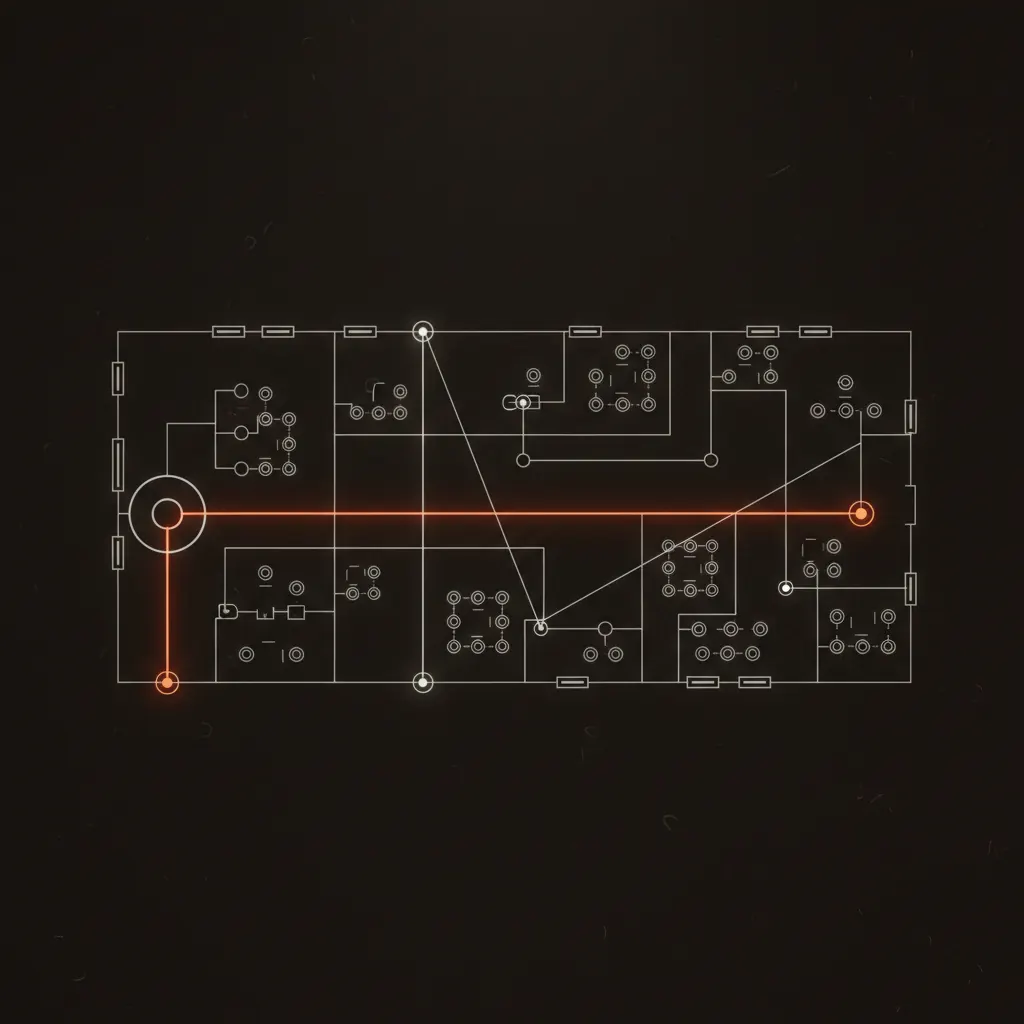 Abstract flow of an imaging clinic with one patient path highlighted