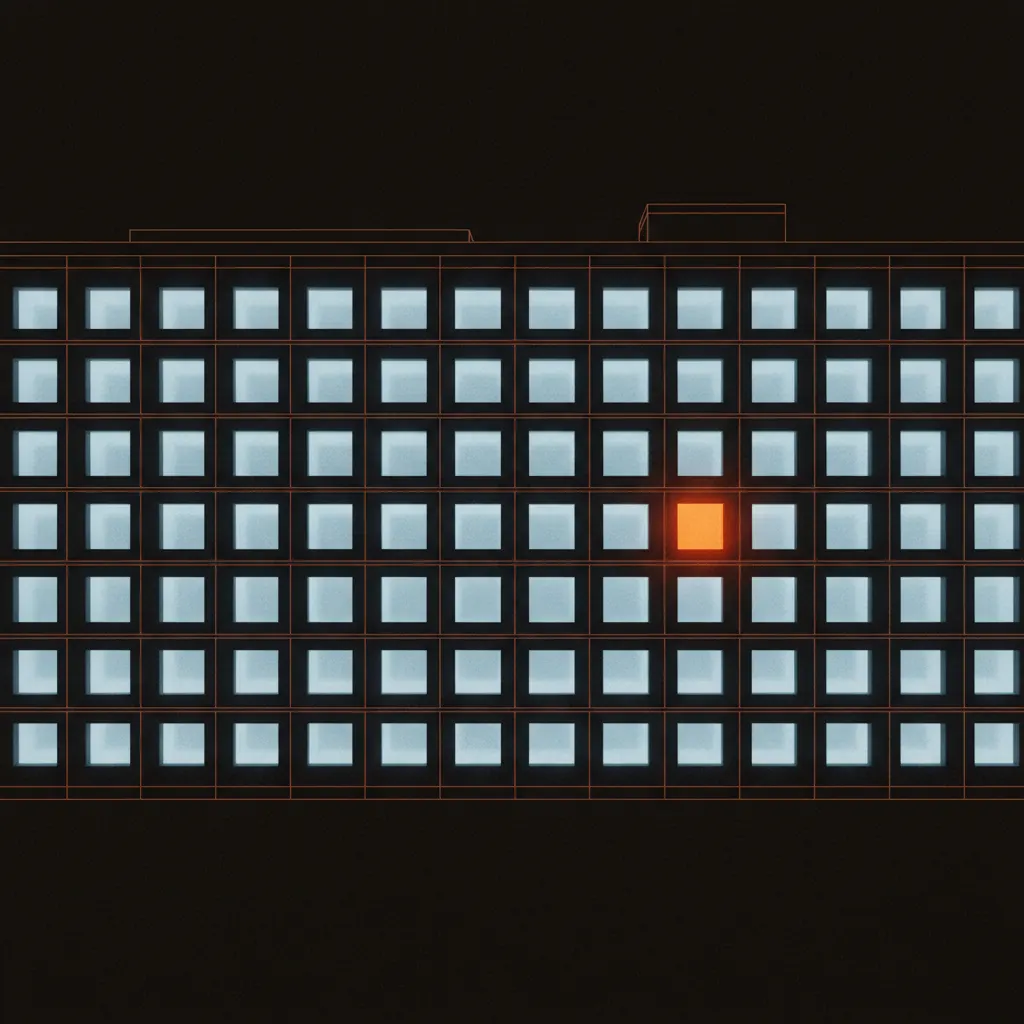Hospital building abstracted into a grid of lit windows at dusk