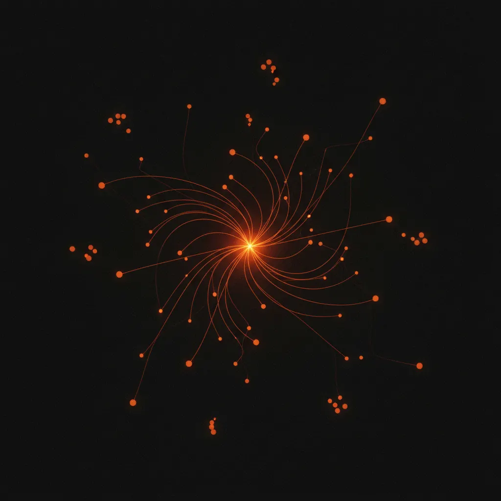 Dark map with distant nodes connected by arcs to a central hub