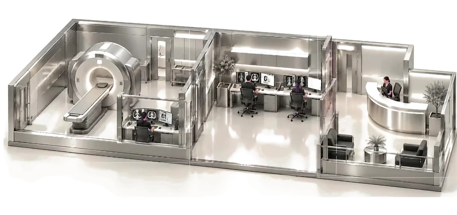 Clínica de imagem com sala de exame, sala de laudo e recepção
